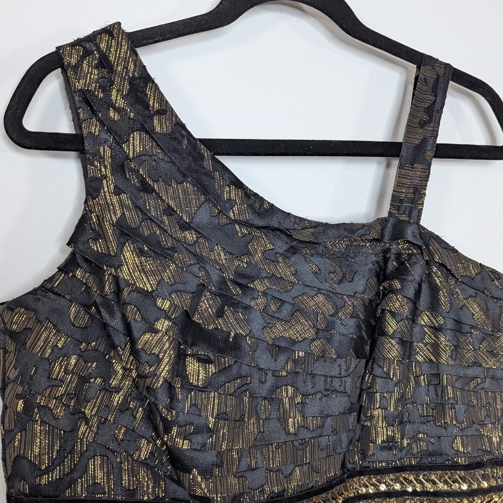 Oleg Cassini One Shoulder Empire Waist Maxi Gown Black Gold 14 - Picture 8 of 8